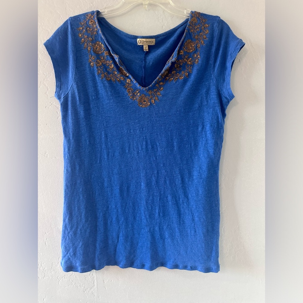 DEMOCRACY100% Linen Top Lightweight Sequin Blue  Size Small